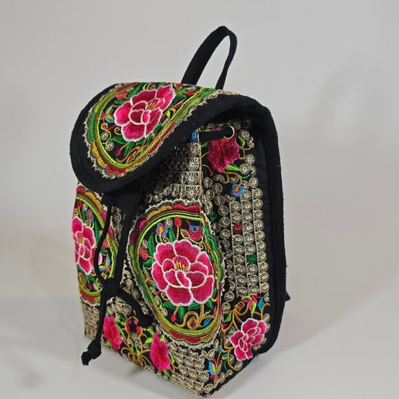 Floral Embroidered Backpack Purse Bag Mexican Artisan Lightweight Colorful Pink - Picture 2 of 8
